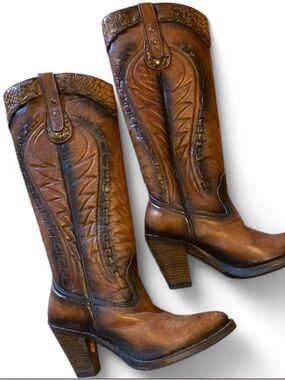 Sendra Brown high heel Women's Leather and real snake skin Cowboy Boots 7.5
